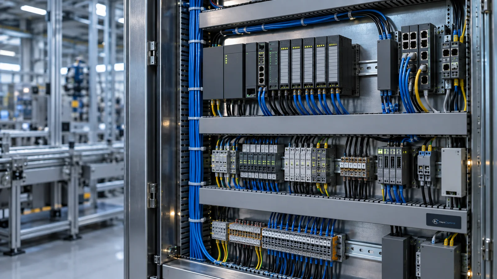 Szafa automatyki z modułami PLC i układami wejść oraz wyjść